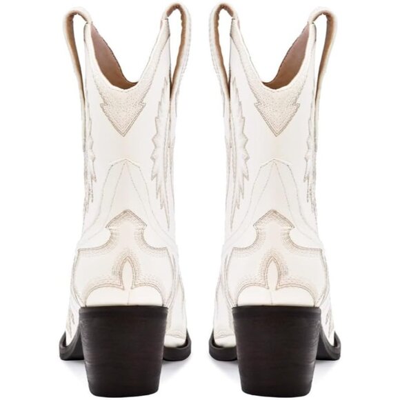 Women's Metallic Embroidered Pointed Toe Cowgirl Boots Chunky Heel Pull-On White - Picture 4 of 6